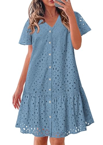 Image of KIRUNDO Eyelet Dresses for Women Button Down Mini Babydoll | 2026 Summer Short Sleeve Boho Sundress, Loose Fit V Neck Short Dress With Pockets, A Line, Cruise Beach Vacation Outfits
