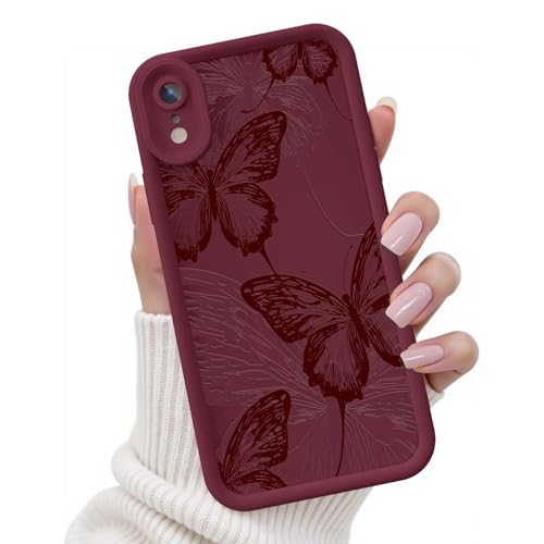 FUXICASE for iPhone XR Case, Creative Butterfly Pattern Design for Girl Women, Soft Silicone ShockAirof Anti-Scratch Airtection Phone Cover for iPhone XR (Burgundy Red Butterfly)