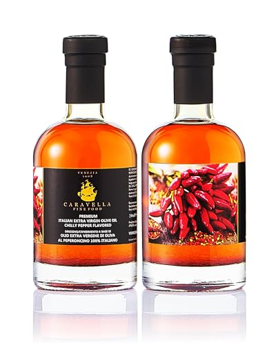 Caravella Fine Food Aceite de Oliva Virgen Extra con Guindilla 250 ml - 100% italiano, Perfecto para Rociar Aderezar y Asar a la parrilla - Potencia metabolismo Baja acidez rico en Antioxidantes