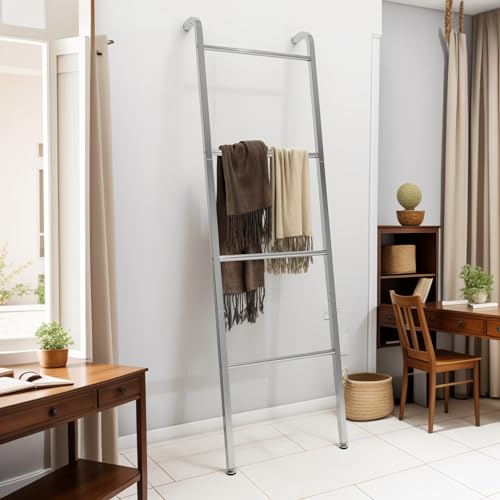 Grey Metal Standing Towel Rail - Towel Ladder for Decorative Bathroom, Living Room, Kitchen, Holder for Towels, 3 Rails, for Bathroom, Bedroom, Living Room, Silver