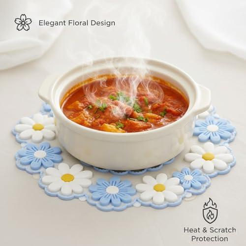 Image of Signamio Silicone Mat for Kitchen - Heat Resistant Flower Shaped Trivet Mat Set, Coasters for Dining Table for Hot Pots, Pack of 3-1 Small, 1 Medium, 1 Large Heat Mats - Blue