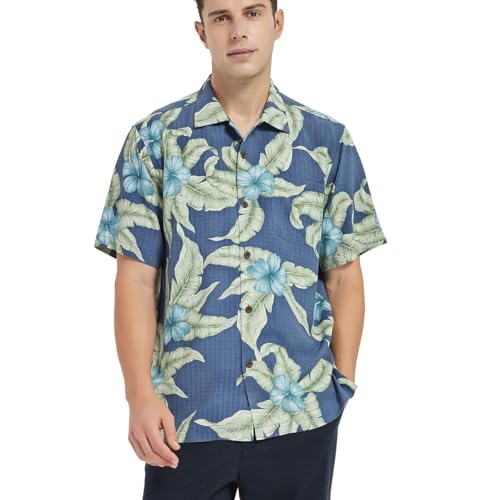 Havana Breeze Men's Hawaiian Button Shirts Breathable & Luxurious Silk Blend Short Sleeve Blouse for Casual/Vacation Flower L