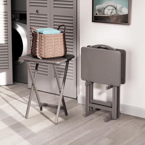 Image of Winsome Alex Set of 4 Foldable Snack Tables with Storage Rack | Easy to Store Portable Fold up Table Set for Kitchen, Living Room TV Dining, Crafts, Puzzles, Work From Home