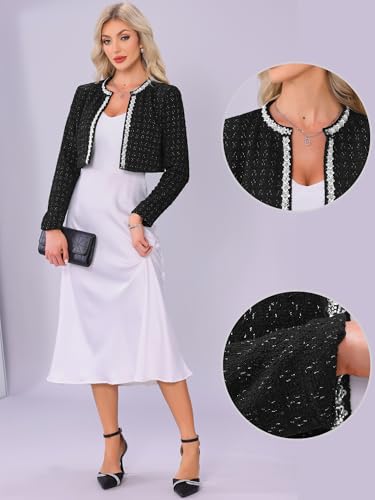 Allegra K Tweed Cropped Jackets for Women's Long Sleeve Open Front Elegant Work Office Short Jacket2