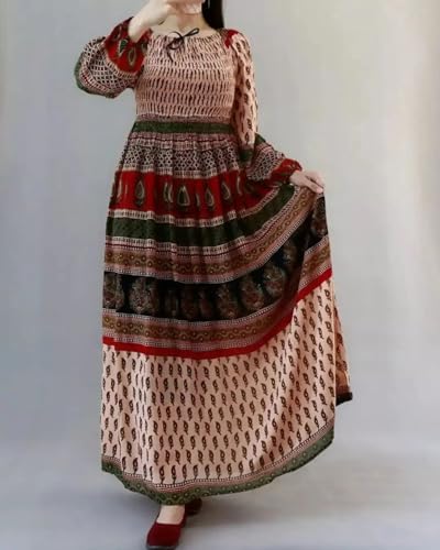 Image of Women's Cotton Dress Jaipuri Sanganeri Print Midi Long Dress Printed Fit and Flare Maxi Dress A-Line Gown Dress Maxi Skirt, Mandala (Free Size)
