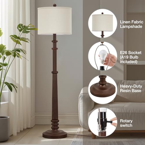 Image of EJIAXIN Floor Lamps for Living Room - 60 inch Farmhouse Floor Lamp with Adjustable Color Temperatures - Vintage Standing Lamp Reading Light with Linen Shade Tall Lamp for Bedroom Office, Reddish Brown