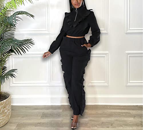 Ruffle Pants Suit For Women - 2 Pieces Outfits Long Sleeve Zipper Crop Tops + Agaric Edge Long Pants Set Tracksuits Black #TOP3