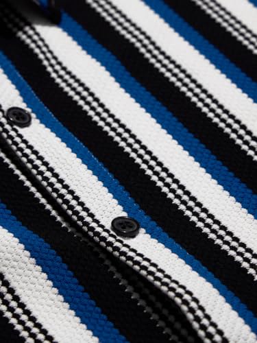 Image of The Souled Store Stripes: Blue, White Men and Boys Long Sleeves Collared Neck Button Front Regular Fit Cotton Blend Textured Shirts