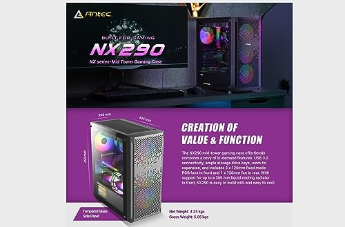 Image of Antec NX290 ATX Mid-Tower Case, Tempered Glass Side Panel, Full Side View, Pre-Installed 4 x 120mm in Front, Black