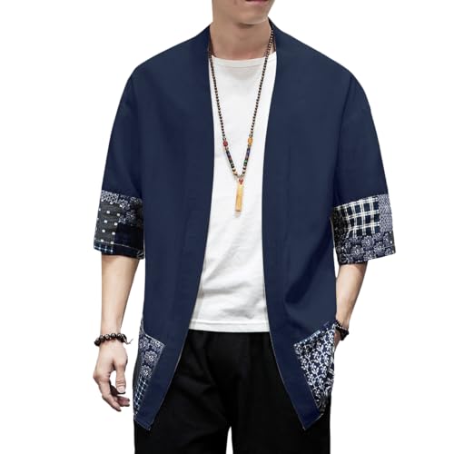 Image of PRIJOUHE Men's Kimono Jackets Cardigan Lightweight Casual Cotton Blends Linen Seven Sleeves Open Front Coat Outwear