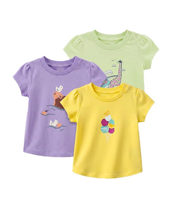 Image of Carter's Baby Girl 3-Pack Cotton Crew Neck T-Shirt with Assorted Prints