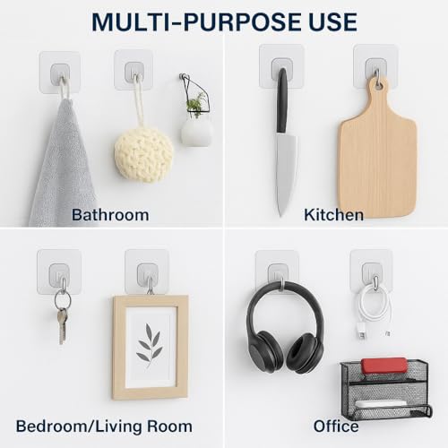 Image of CentraLit Transparent Self Adhesive Wall Hooks (20 Pieces) - Heavy Duty Clear Sticky Hooks for Bathroom, Kitchen, Door & Wall - Waterproof No Drill Strong Adhesive Hook Set