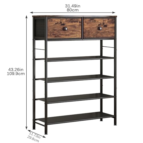 Image of INGIORDAR Shoe Rack Organizer 5 Tier Metal Organizer Shelf with Industrial MDF Board and Layer Fabric for Entryway Closet Bedroom Living Room Garage (Black+Rustic Brown, 5 Tier with 2 Drawers)