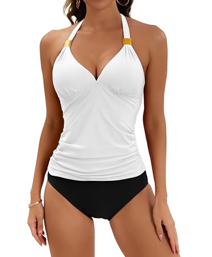 Image of B2prity Halter Tankini Swimsuit for Women Tummy Control Two Piece Bathing Suit V Neck Swimwear with Shorts