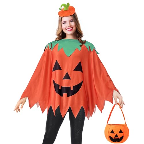 Apragaz 3 Pcs Pumpkin Costume Woman, Adult Pumpkin Poncho With Headband and Candy Bag, Easy and Funny Halloween Costumes for Women