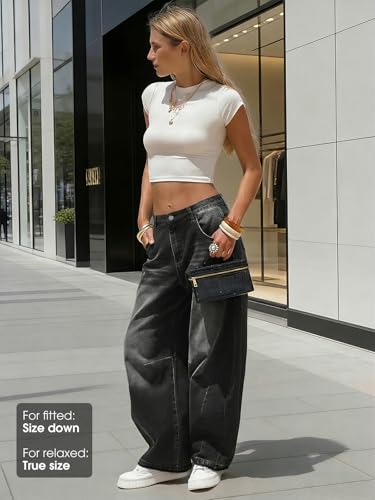 Image of EXLURA Womens Barrel Jeans Wide Leg Y2K Boyfriend Denim Pants Hip Hop Vintage Baggy Jeans Cotton Mid-Low Elastic Waist Pants
