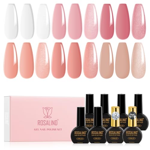 ROSALIND Pintauñas Semipermanentes Jelly, 6 Colores Transparente Desnudo Rosa Marrón Esmalte Semipermanente con Top y Base Coat, UV/LED Jelly Translúcido Efecto Pintauñas Gel para Principiante y Salón