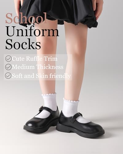 Girls White Ruffle Socks 6 Pairs,Girls Ankle Socks for School Uniform Seamless Cotton Dress Sox 4-6/6-8/9-12 Years2
