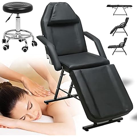 Waktavel 3 Section Massage Table Beauty Bed and Stool Massage Chair Adjustable Tattoo Chair Salon Chair SPA Bed Eyelash Bed Therapy Couch, PU Leather Massage Bed Facial Bed Table(Black) Cover