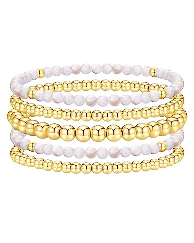 Gold Beaded Bracelets for Women Stackable Gold Bracelets for Women 14K Gold Plated Stretch Bead Ball Bracelet Hypoallergenic Bohemian Bracelets