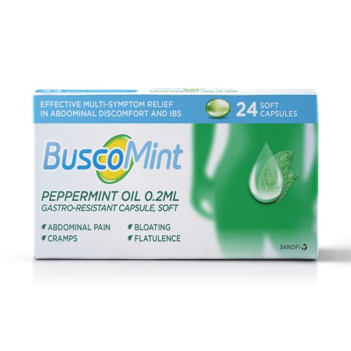 Buscomint 0.2 ml Peppermint Oil IBS Multi Symptom Treatment, Soft Gel Capsules, 24 Count (Pack of 1), 100% Natural Active Ingredient, Preservatives Free