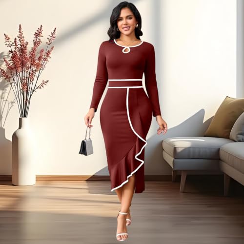 Image of Women's Elegant Church Vintage Bodycon Dress Casual Long Sleeve Work Business Pencil Split Sheath Midi Dresses