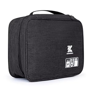 Travel Cable Organizer Bag for Adapters, Cords, and Phone, Mobile Device, Gaming, and Tech Accessories, Waterproof Compact and Portable Storage for Audio and Visual Cabling (Black)