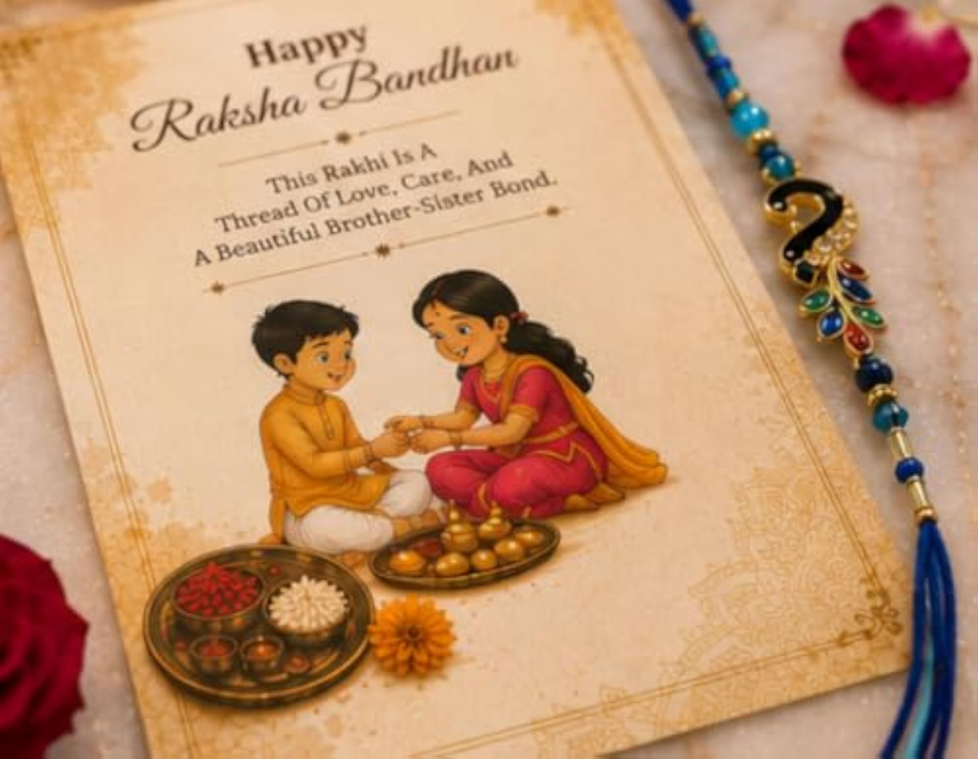 Meenakari Peacock Feather Rakhi with Roli Chawal