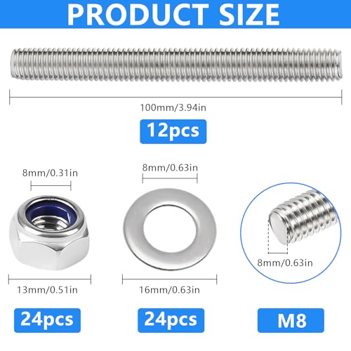 TTYSHIP® 12 Stück Gewindestange M8, 304 Edelstahl Gewindestange M8 x 100mm mit 24 Sechskantmutter und 24 Unterlegscheiben für Die Maschinen und Möbelherstellung