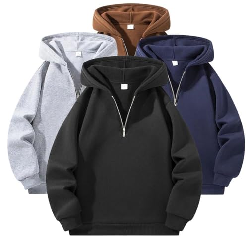 Men's Half Zipper Hooded Solid Color Long Sleeve Sweatshirts O-Neck Loose Sweats Casual Pullover2