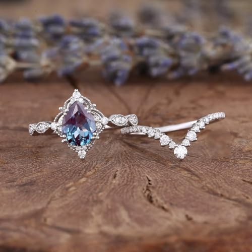 Alexandrite Engagement Ring for Women 1CT Alexandrite Engagement Ring Set S925/10K/14K/18K Natural Leaf Ring Bridal Set Moissanite Ring Set Art Deco Rings Promise Rings Gift For Her Size3-132
