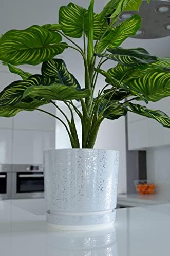 KORAD White with Silver Flecks Indoor Plant Pots with Drainage Holes and Matching Saucer, Round, Modern and Decorative Flowerpot for All Houseplants, 6 Sizes, 25 Colours (26 cm - 10.2 inch)