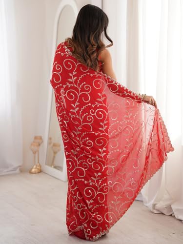 Image of AKHILAM Women's Red Georgette Embroidered Sequins Work Saree With Unstitched Blouse Piece (STARJAL1001 VH)