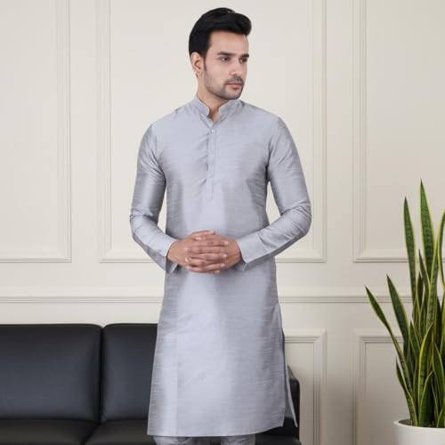 Image of Sadree Men's Silk Blend, Knee Length, Full Sleeve, Mandrin Collor, Solid Style, Attractive Colour, Solid Plain Kurtas