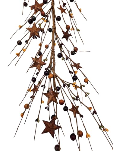 N107mustardburgundyandgreenprimitiveberrieswithrustystarsseasonaldecor455length Urban Country Home Decor N107 mustard burgundy and green primitive berries with rusty stars seasonal decor 45 5 length urban country home decor