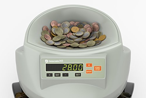 Detectalia M5 – Münzzählmaschine zählt den Wert und sortiert gemischte Euro-Münzen – Münzsortierer nach Nennwert getrennt - Mit Druckerausgang