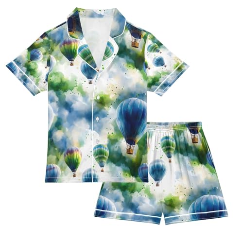 senya Hot Air Balloon Green Satin Summer Pajama Sets Silk Short Sleeve Button Down Sleepwear