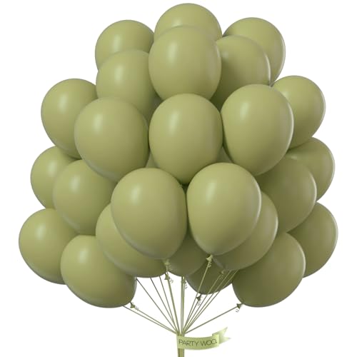 Image of PartyWoo Sage Green Balloons 100pcs 12 Inch Olive Boho Green Latex Helium Balloons for Birthday Baby Shower Graduation Wedding Dinosaur Jungle Golf Football Baseball Theme Party Decorations Green-F11