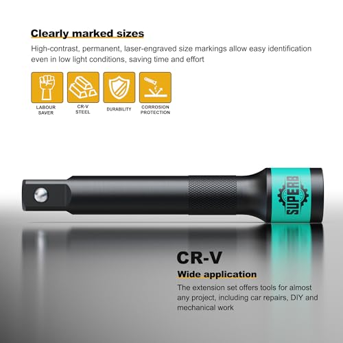 KIRXST 1/2" Impact Socket Extension Bar Set, 3 Piece Drive Extension Bar 75mm 125mm 250mm, CR-V Steel Wrench Extender for Manual Pneumatic Torque Wrench - Image 4