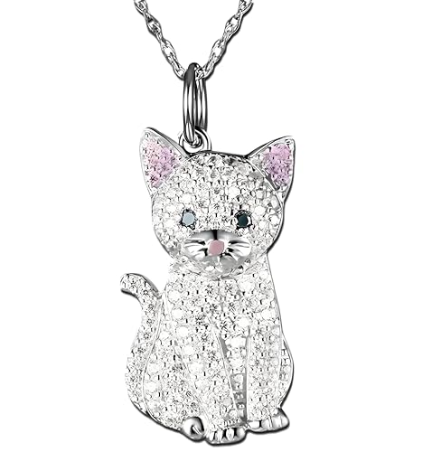 Whimsical Oriental Shorthair, Simese, and Bombay Pendant Necklace - Different Breeds of Cats- Sparkling Synthetic Zirconia Crystals, Durable Stainless Steel Chain, Ideal Gift for Fashion-Conscious Men or Women, Great Gift for Animal Lovers (White)