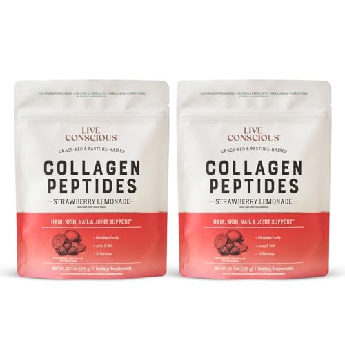 Image of Live Conscious Collagen Peptides Powder - Strawberry Lemonade - Type I & III for Hair, Skin, Nails & Joint Support - Grass-Fed Bovine -Women & Men, 30 Servings - 12.8oz (2PK)