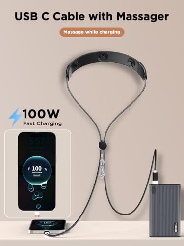 Aioneus USB C to USB C Cable Neck Massager, 4.5FT 100W Fast Charging Cord with Electric Massager Nylon Type C to C Charger Cable for Samsung S25/S24/S23, iPhone 16/15 Pro Max MacBook iPad Pixel(Black) — view 4