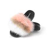 Fur Story Women's Fox Fur Slides Fur Slippers for Summer Furry Slide Sandals (Pink/Brown/White, numeric_11)