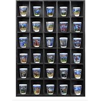 Tasse Verre 30 Shot Glass Shelf Display Case (1-Pack) - Large Wooden Collectibles Rack - Wall Mounted Black Bar Shadow Box Minifigure Storage, 16.7x12.2\u201D