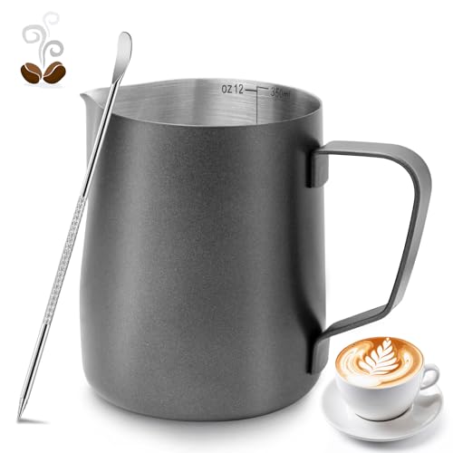 Milk Frothing Pitcher, 350ml/12oz Milk Jug for Coffee Machine, Stainless Steel Pitcher with Measurement Mark and Decorating Pen for Making Latte Art and Cappuccino, Suitable for Coffee Lovers, Black