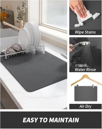 Image of Dish Drying Mat for Kitchen Countertop 40x60cm - Waterproof Anti Slip Sink Drying Mat with Rubber Backing, Heat Resistant Kitchen Counter Mat for Dishes, Coffee Machine & Pet Feeding