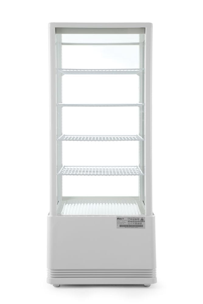 HENDI Vitrina expositora refrigerada, descongelación automática, sistema antivaho, 4 estantes, iluminaciónED, etiqueta energética C, 98L, 230V, 210W, 452x406x(H)1116mm, Blanco, ABS, doble cristal