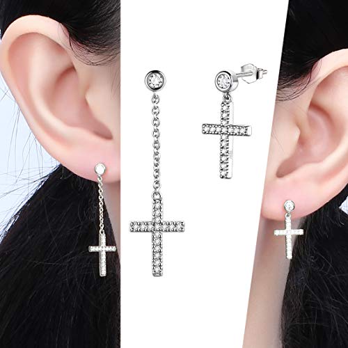 Mens Small Cross Earrings,925 Sterling Silver Earrings Dangle for Men Women,Crystal Drop Cross Hoop Earrings Fashion Earrings Jewelry3