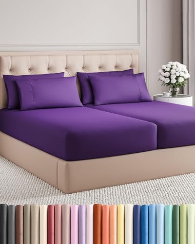Image of Split King 7 Piece Bed Sheet Set - Comfy, Breathable & Cooling - Purple | Ultra-Soft Hotel Luxury Bedding Set w / 8-16 Inch Deep Pockets, 1 Flat & 2 Fitted Sheet & 4 Pillowcases, Wrinkle & Fade Free