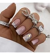 24Pcs Press on Nails Short Square French Tip Fake Nails Pink Gradient with Silver Glitter Design ...